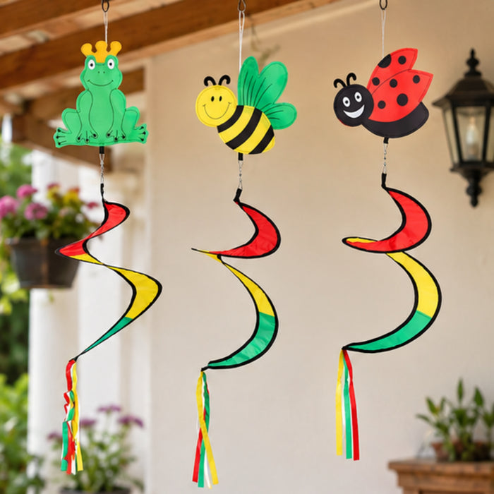 Garden Wind Spinner Hanging Decor Set with Frog, Bee & Ladybug Designs