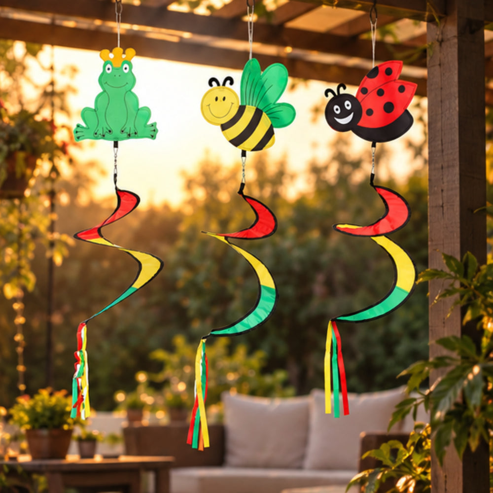 Garden Wind Spinner Hanging Decor Set with Frog, Bee & Ladybug Designs