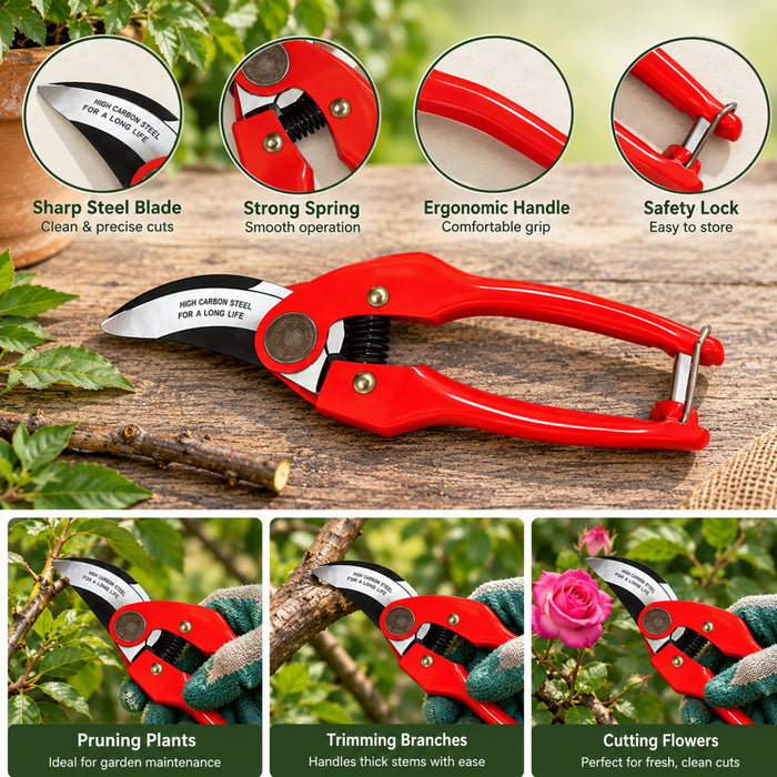 Heavy-Duty Red Garden Pruning Shears – Sharp Steel Blade Plant & Branch Trimmer