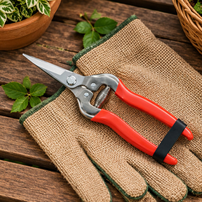 Heavy-Duty Red-Handled Garden Pruning Shears with Spring Action – Precision Plant & Flower Trimmer