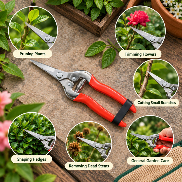 Heavy-Duty Red-Handled Garden Pruning Shears with Spring Action – Precision Plant & Flower Trimmer