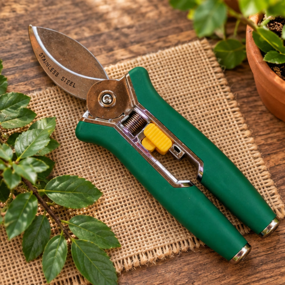 Stainless Steel Garden Pruning Shears with Green Handles – Ergonomic Trimming Tool with Safety Lock