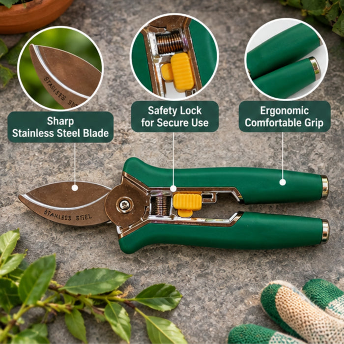 Stainless Steel Garden Pruning Shears with Green Handles – Ergonomic Trimming Tool with Safety Lock