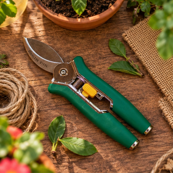 Stainless Steel Garden Pruning Shears with Green Handles – Ergonomic Trimming Tool with Safety Lock