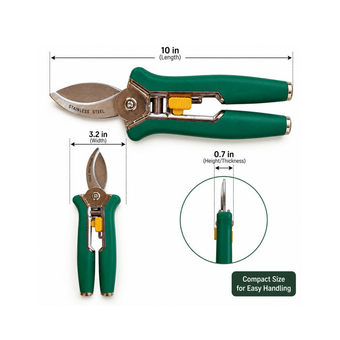 Stainless Steel Garden Pruning Shears with Green Handles – Ergonomic Trimming Tool with Safety Lock