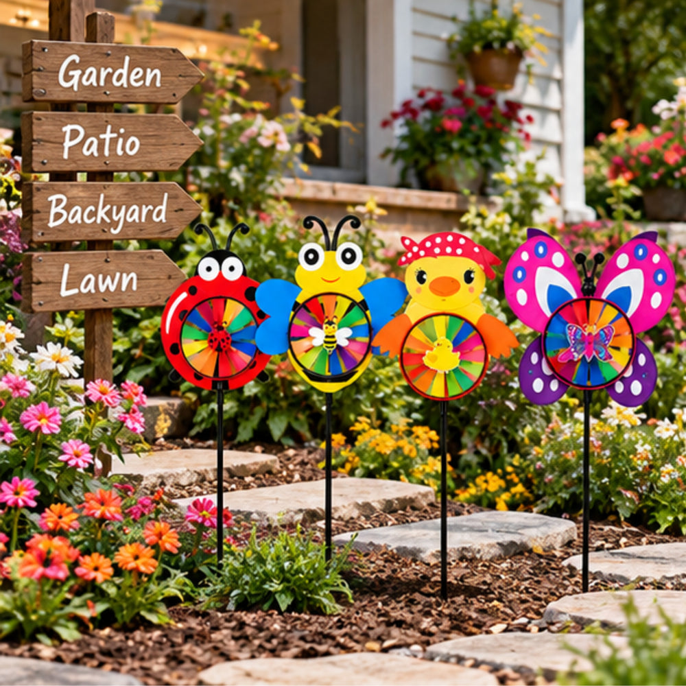 Colorful Animal Wind Spinners for Garden Decor (Set of 4) – Ladybug, Bee, Duck & Butterfly Outdoor Yard Decor