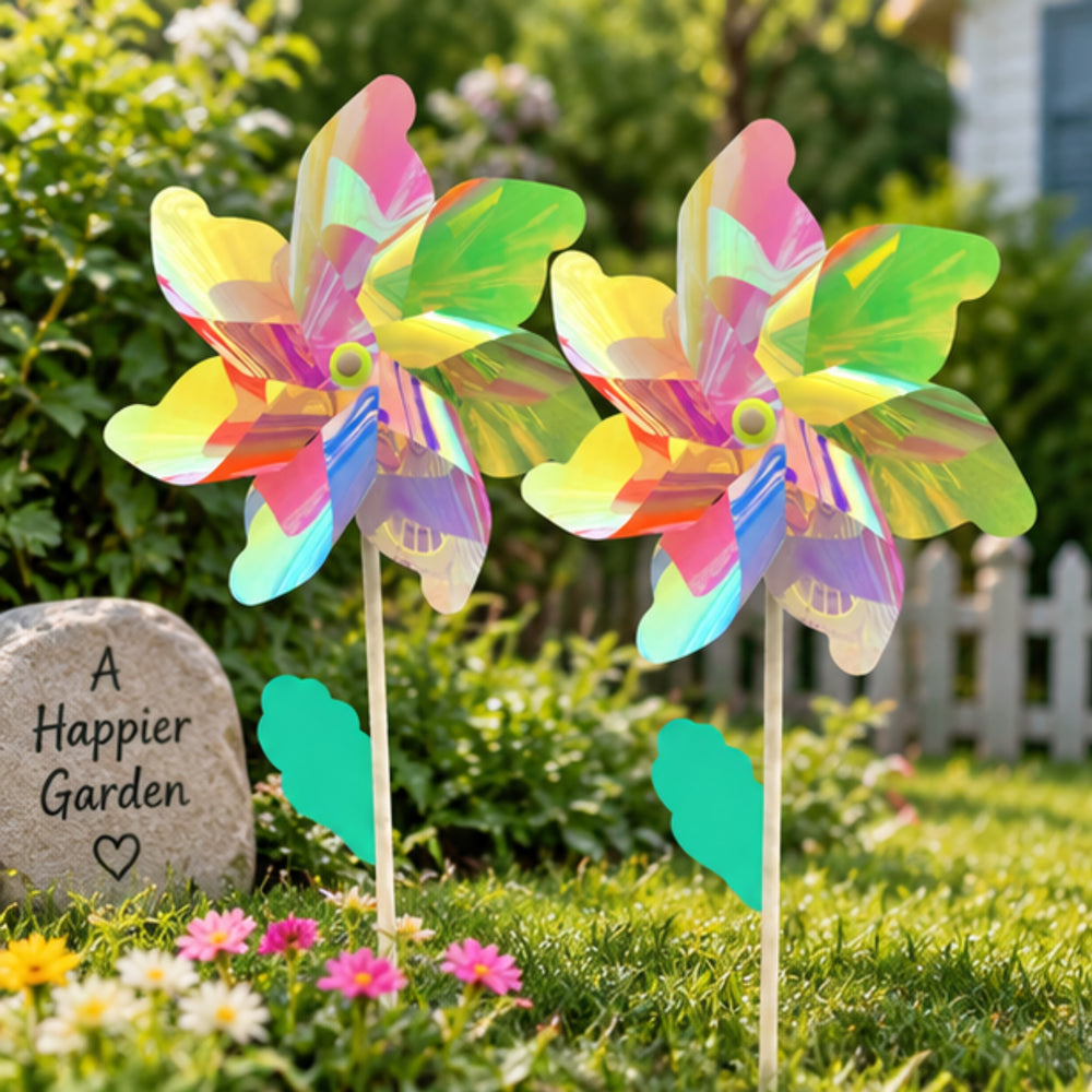 Vibrant Rainbow Holographic Pinwheels for Garden Decor (Set of 2) – Multicolor Wind Spinners for Lawn & Yard