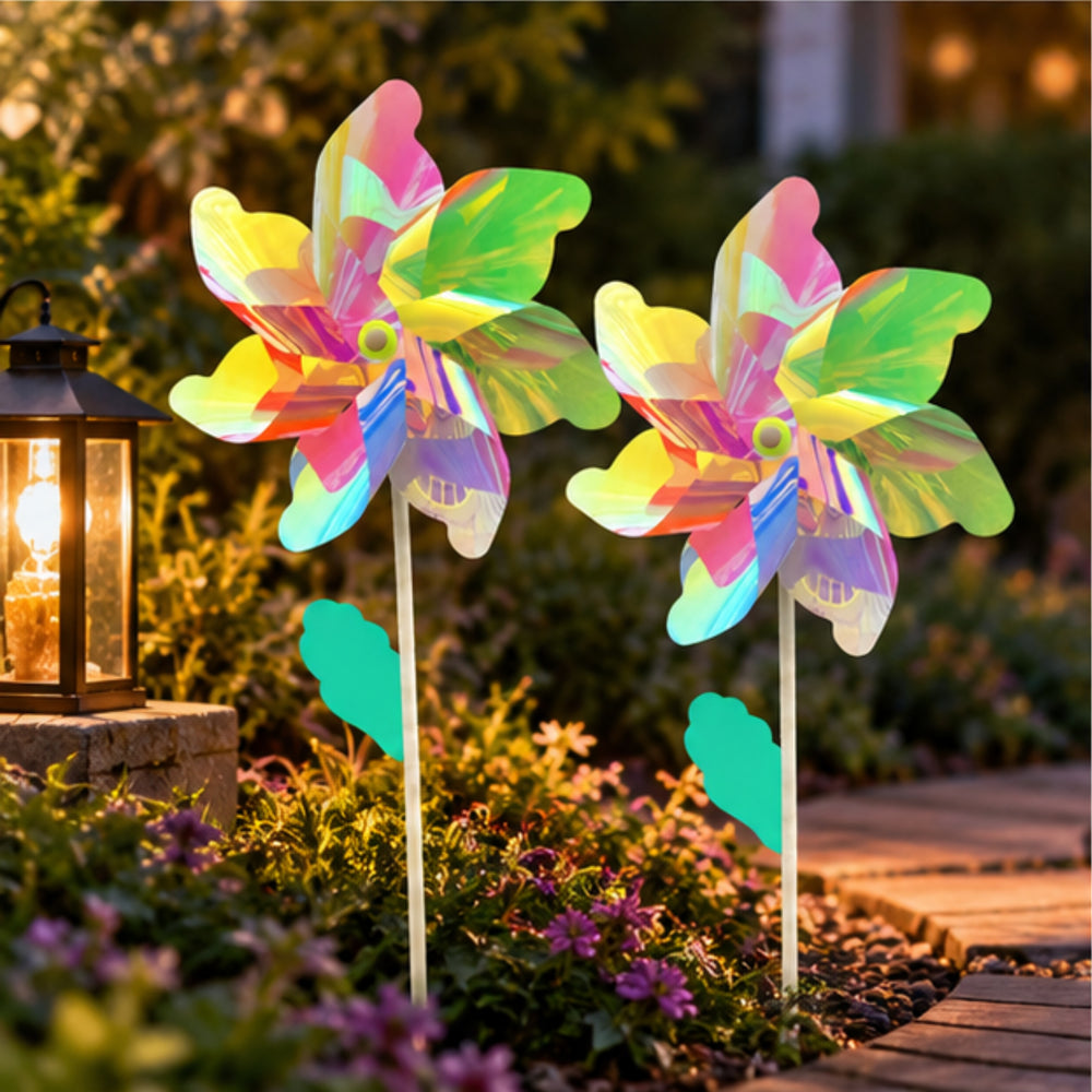Vibrant Rainbow Holographic Pinwheels for Garden Decor (Set of 2) – Multicolor Wind Spinners for Lawn & Yard