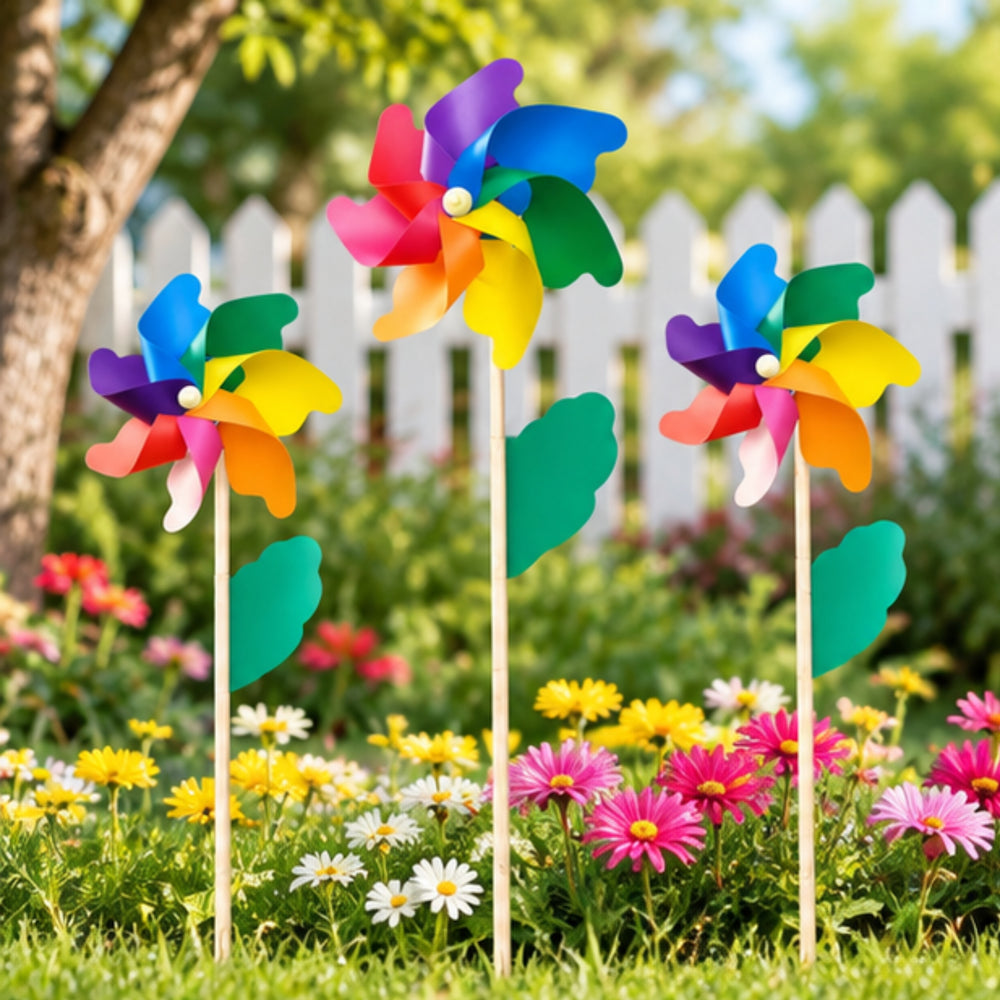 Colorful Rainbow Pinwheels Garden Stakes (Set of 3) – Multicolor Wind Spinners for Lawn, Flower Beds & Patio