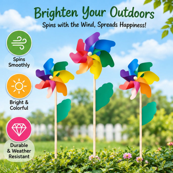 Colorful Rainbow Pinwheels Garden Stakes (Set of 3) – Multicolor Wind Spinners for Lawn, Flower Beds & Patio