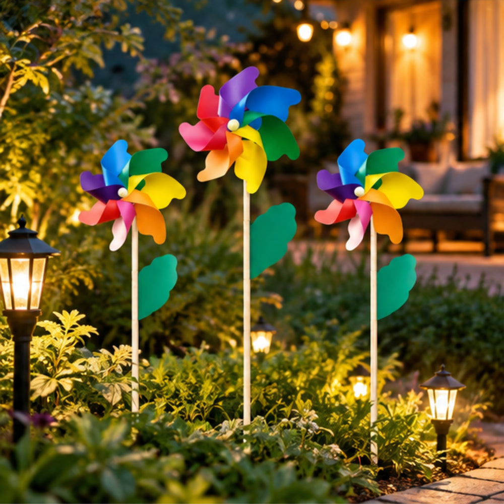 Colorful Rainbow Pinwheels Garden Stakes (Set of 3) – Multicolor Wind Spinners for Lawn, Flower Beds & Patio