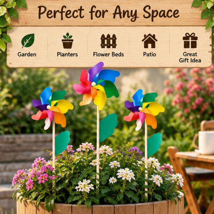 Colorful Rainbow Pinwheels Garden Stakes (Set of 3) – Multicolor Wind Spinners for Lawn, Flower Beds & Patio