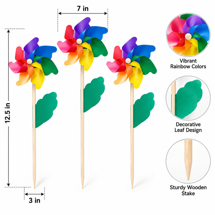 Colorful Rainbow Pinwheels Garden Stakes (Set of 3) – Multicolor Wind Spinners for Lawn, Flower Beds & Patio