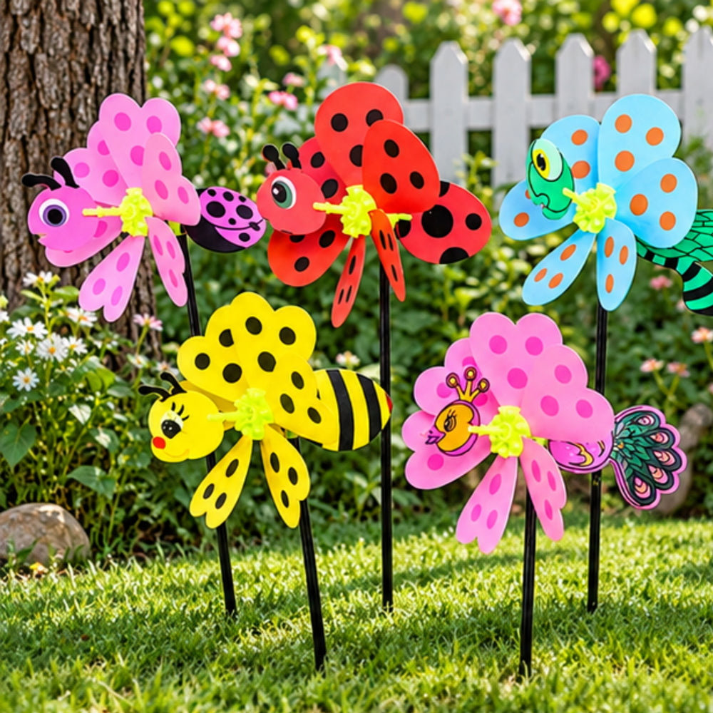 Colorful Bug & Insect Garden Pinwheels (Set of 5) – Butterfly, Ladybug, Dragonfly, Bee & Peacock Lawn Ornaments