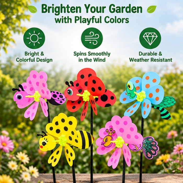 Colorful Bug & Insect Garden Pinwheels (Set of 5) – Butterfly, Ladybug, Dragonfly, Bee & Peacock Lawn Ornaments