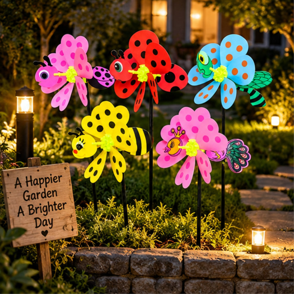 Colorful Bug & Insect Garden Pinwheels (Set of 5) – Butterfly, Ladybug, Dragonfly, Bee & Peacock Lawn Ornaments