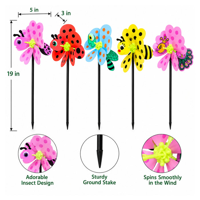 Colorful Bug & Insect Garden Pinwheels (Set of 5) – Butterfly, Ladybug, Dragonfly, Bee & Peacock Lawn Ornaments