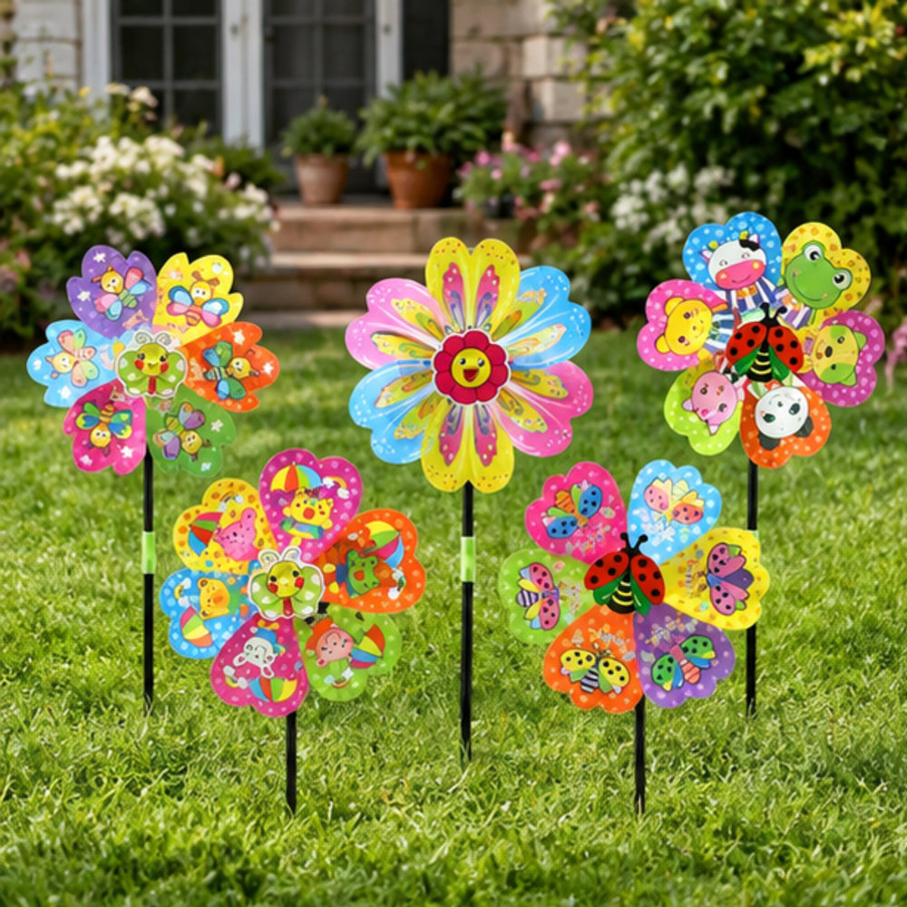 Colorful Flower Garden Pinwheels Set (5 Pieces) – Outdoor Yard Wind Spinner Decor for Lawns & Parties