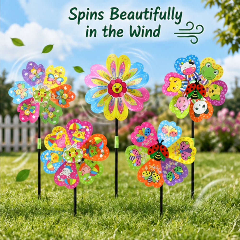 Colorful Flower Garden Pinwheels Set (5 Pieces) – Outdoor Yard Wind Spinner Decor for Lawns & Parties