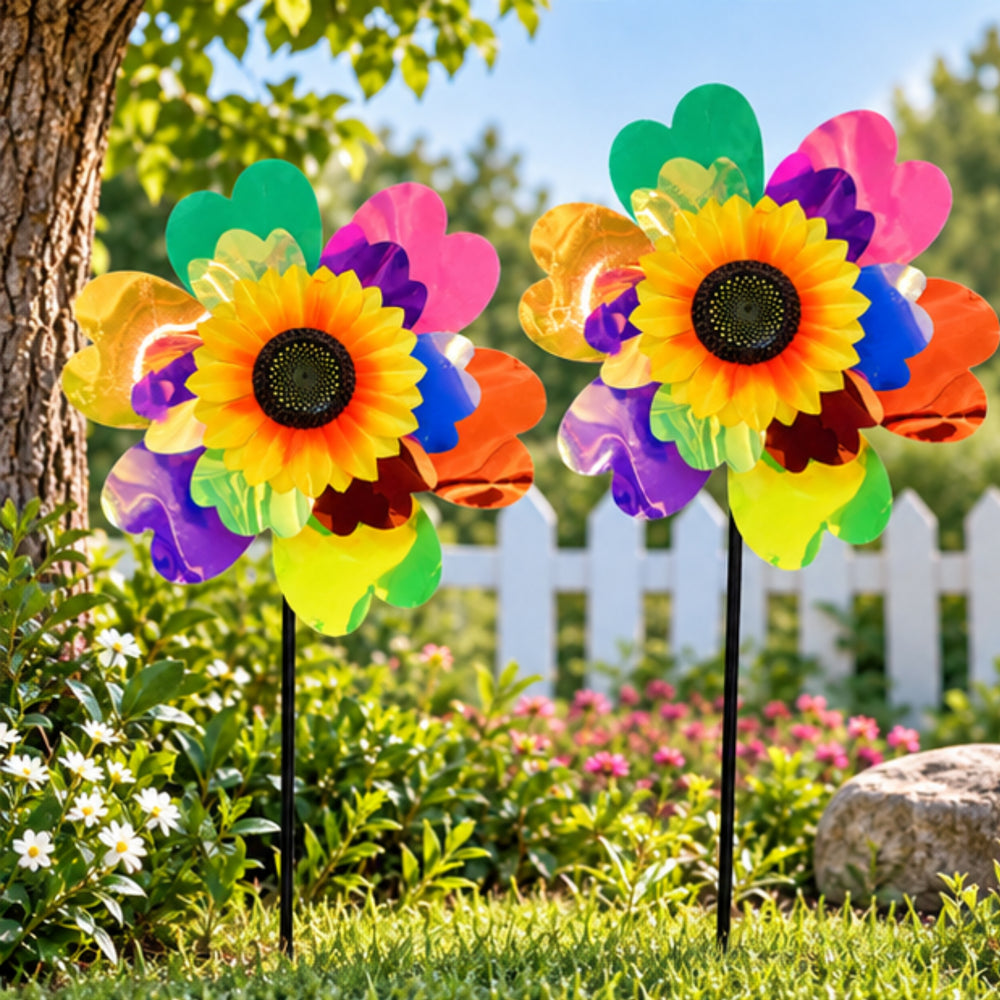 Holographic Flower & Sunflower Garden Wind Spinner (Set of 2) – Colorful Pinwheels for Lawn & Patio Decor