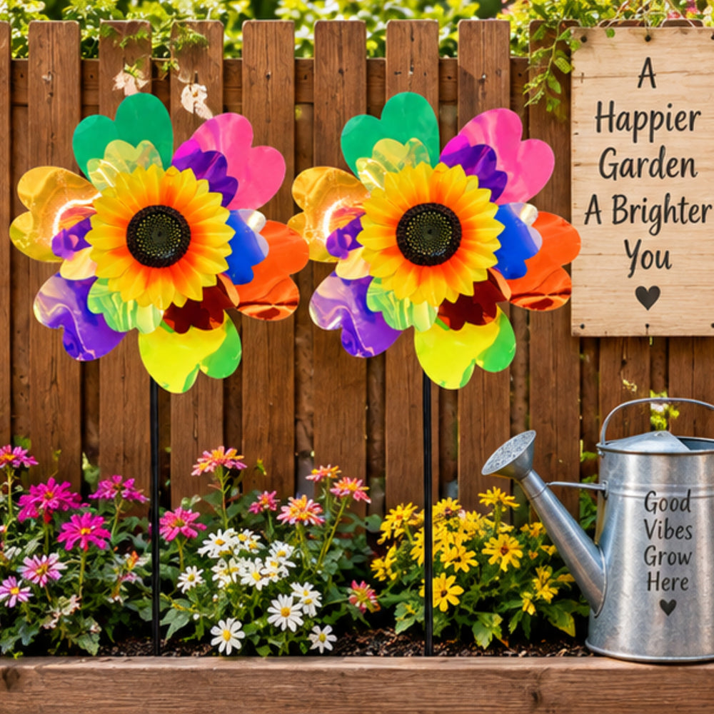 Holographic Flower & Sunflower Garden Wind Spinner (Set of 2) – Colorful Pinwheels for Lawn & Patio Decor