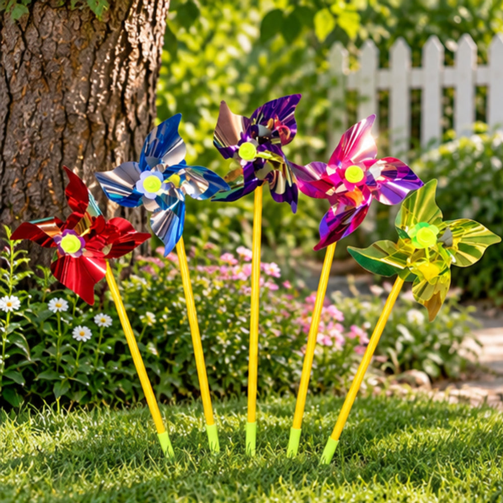 Holographic Reflective Wind Spinners (Set of 2) – Multicolor Garden Pinwheels for Lawn & Yard Decor