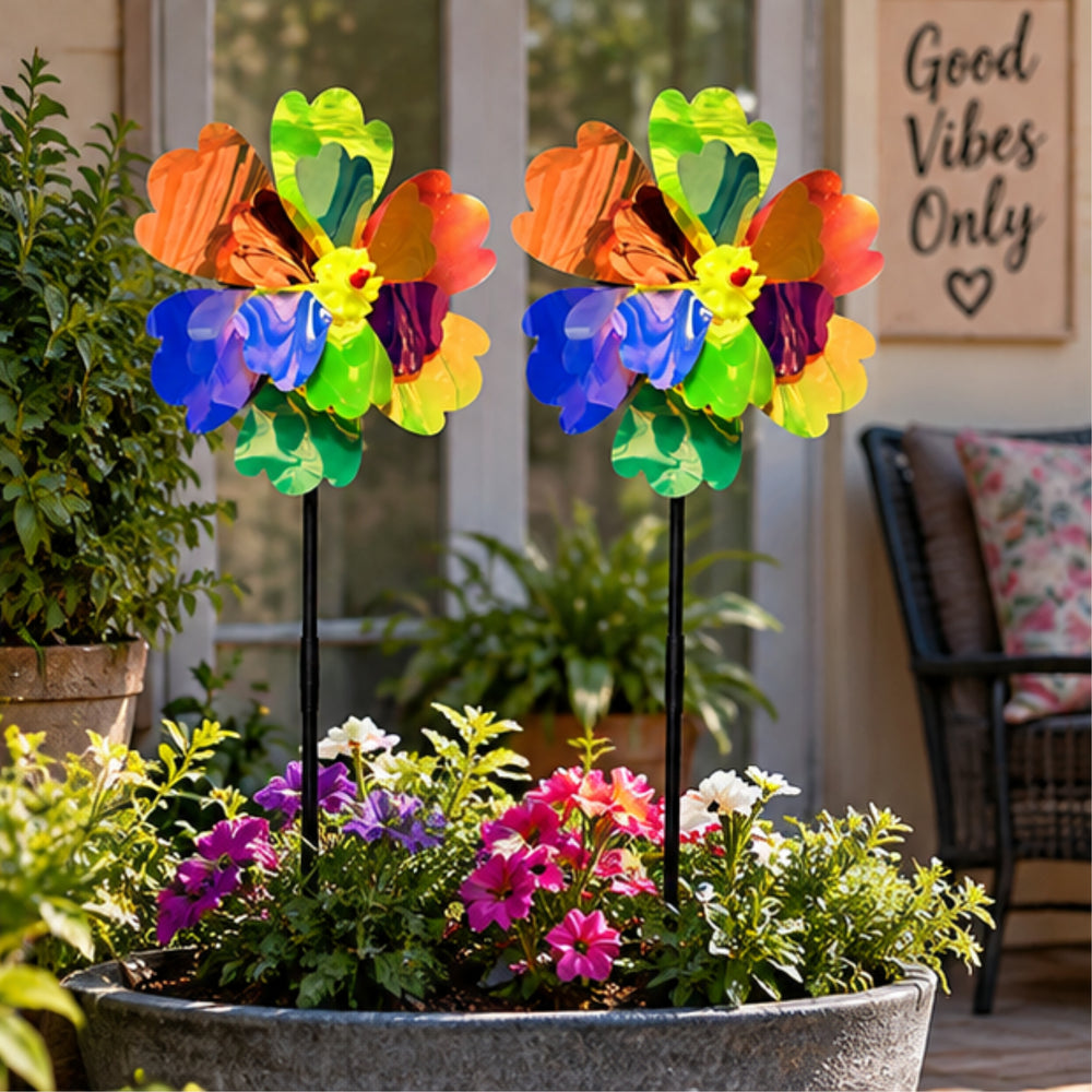 Holographic Flower Pinwheel Garden Stakes (Set of 2) – Reflective Multicolor Wind Spinners for Outdoor Decor