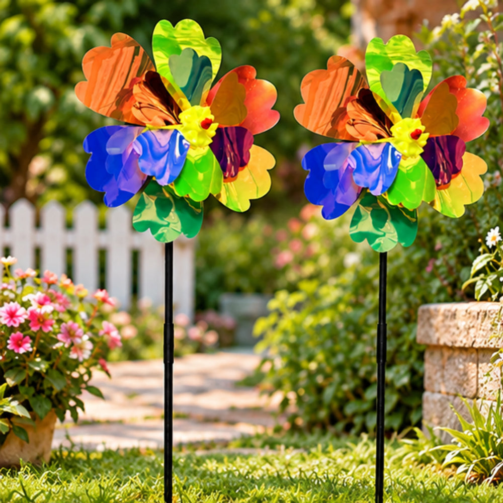 Holographic Flower Pinwheel Garden Stakes (Set of 2) – Reflective Multicolor Wind Spinners for Outdoor Decor