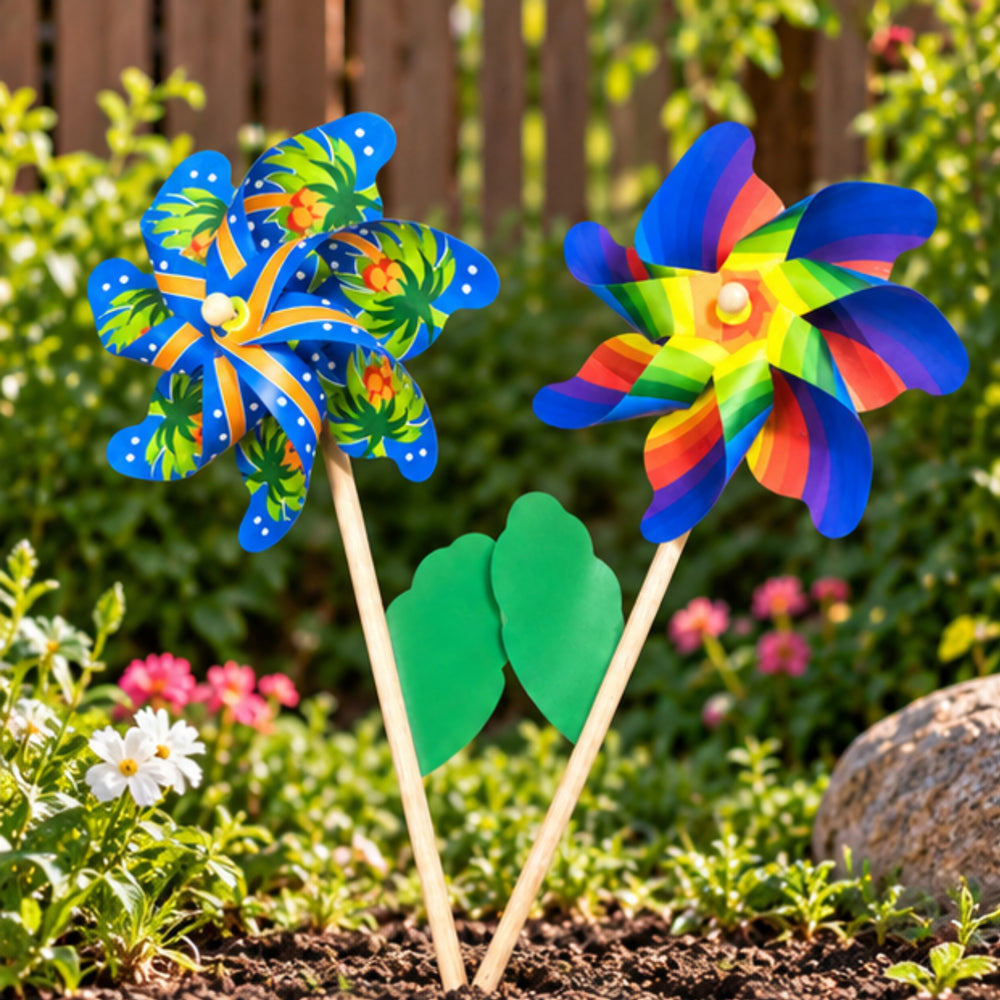 Garden Wind Spinners (Set of 2) – Colorful Patterned Outdoor Windmill Stakes for Yard and Lawn Decor