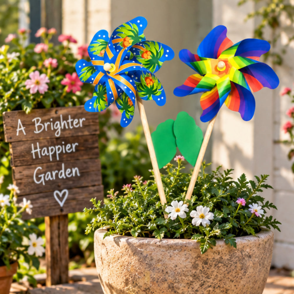 Garden Wind Spinners (Set of 2) – Colorful Patterned Outdoor Windmill Stakes for Yard and Lawn Decor
