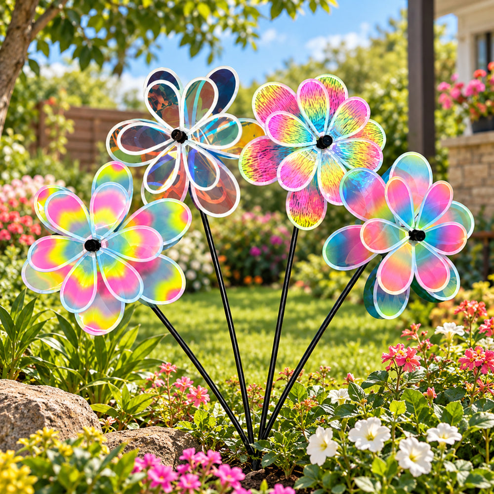 Holographic Rainbow Flower Garden Pinwheels (Set of 4) – Multicolor Decorative Wind Spinners for Yard, Lawn & Outdoor Party Decor