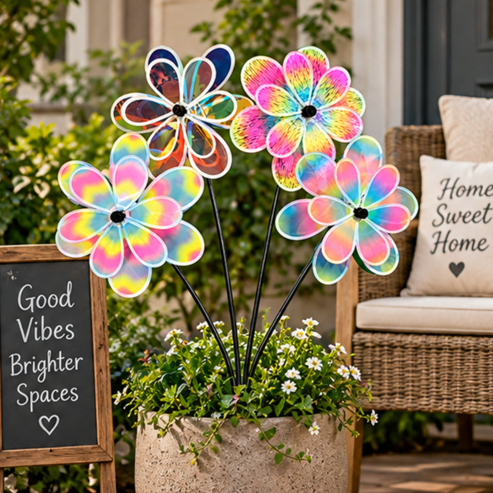 Holographic Rainbow Flower Garden Pinwheels (Set of 4) – Multicolor Decorative Wind Spinners for Yard, Lawn & Outdoor Party Decor