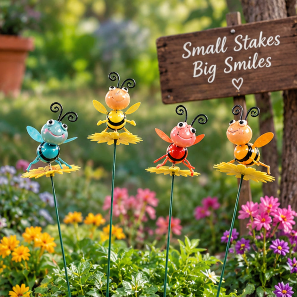 Colorful Metal Bee & Bug Garden Stakes (Set of 4) – Decorative Spring-Mounted Plant Picks for Flower Pots & Patio