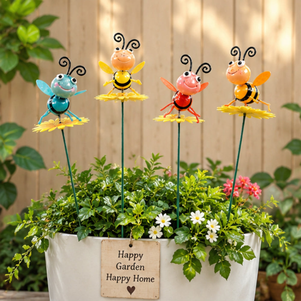 Colorful Metal Bee & Bug Garden Stakes (Set of 4) – Decorative Spring-Mounted Plant Picks for Flower Pots & Patio