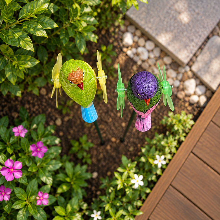 Whimsical Bird Garden Stakes with Kinetic Flower Pinwheels (Set of 2) – Purple & Yellow Songbird Stakes for Planters & Patio