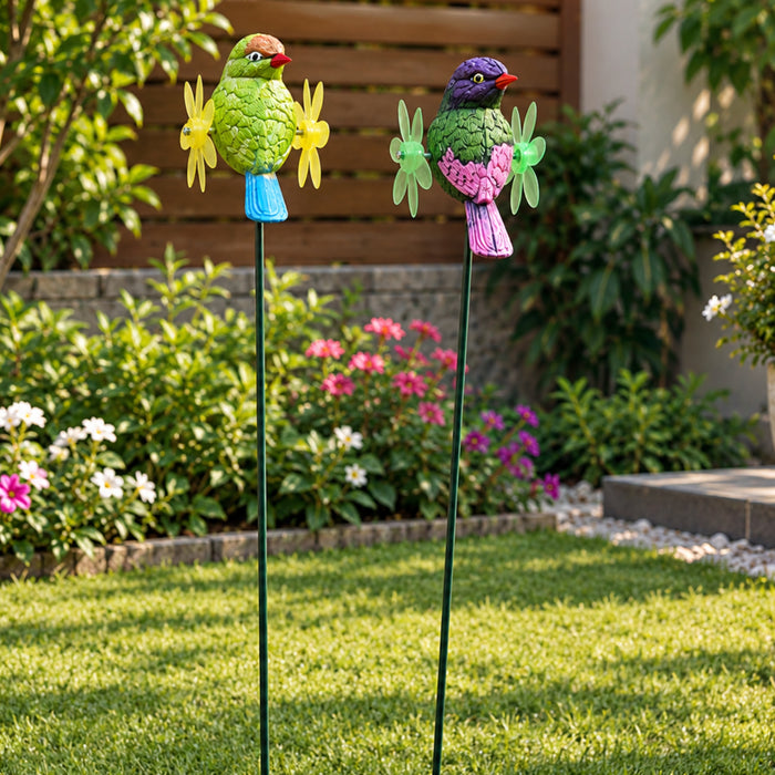 Whimsical Bird Garden Stakes with Kinetic Flower Pinwheels (Set of 2) – Purple & Yellow Songbird Stakes for Planters & Patio