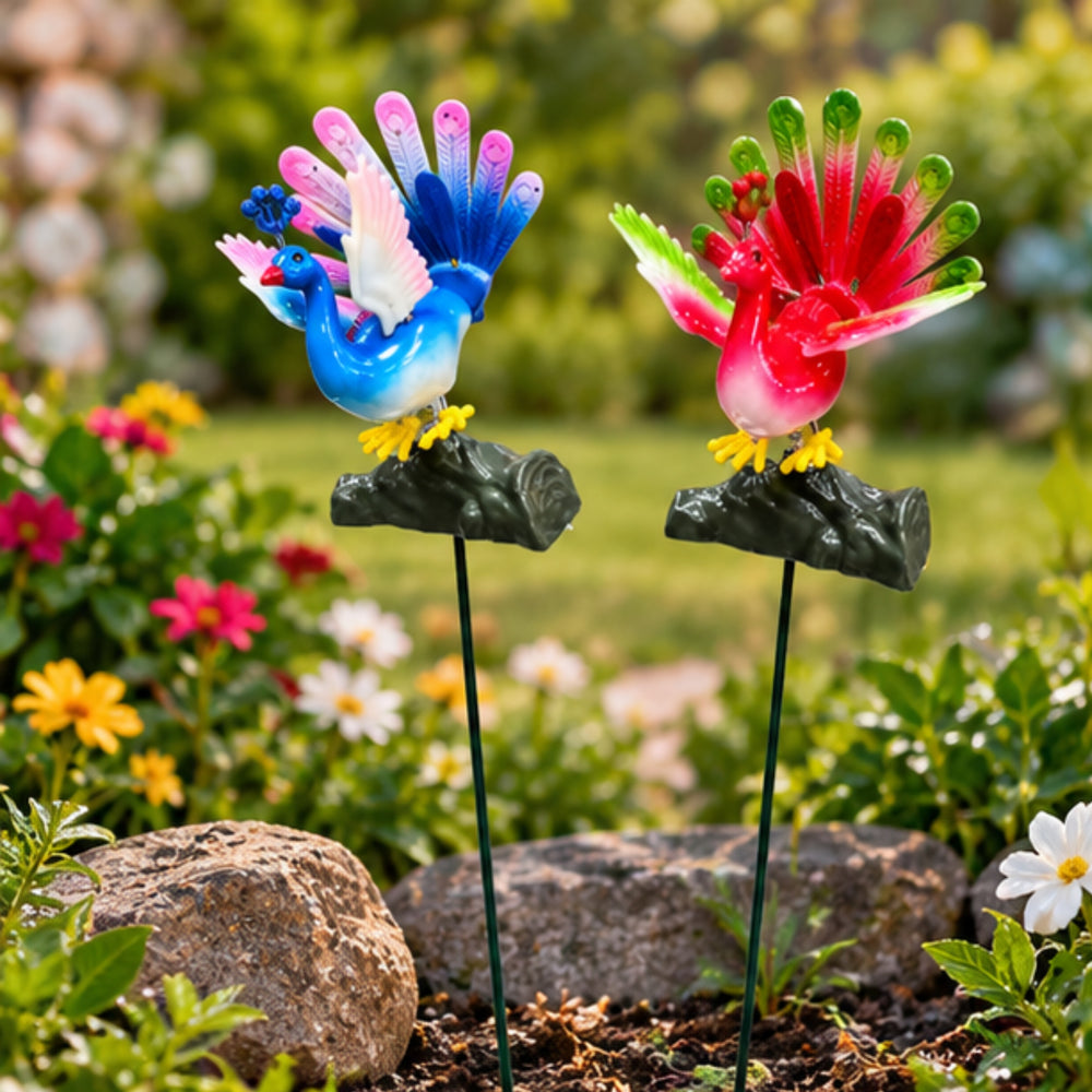 Peacock Garden Sticks (Set of 2) – Purple & Pink Spring-Mount Bird Stakes for Flower Pots & Garden Borders