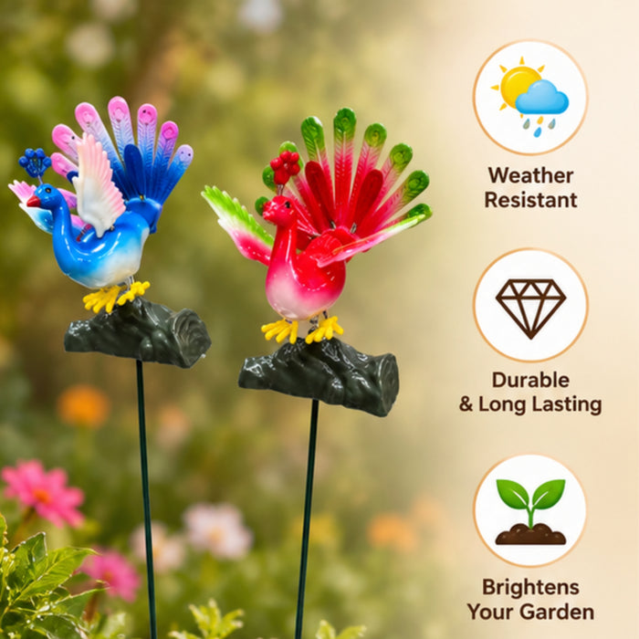 Peacock Garden Sticks (Set of 2) – Purple & Pink Spring-Mount Bird Stakes for Flower Pots & Garden Borders