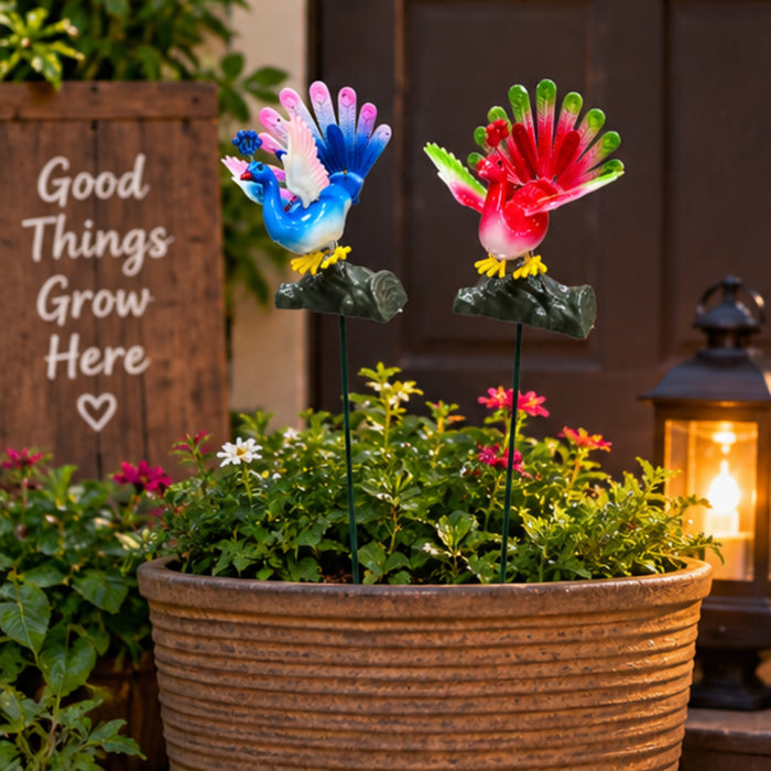 Peacock Garden Sticks (Set of 2) – Purple & Pink Spring-Mount Bird Stakes for Flower Pots & Garden Borders