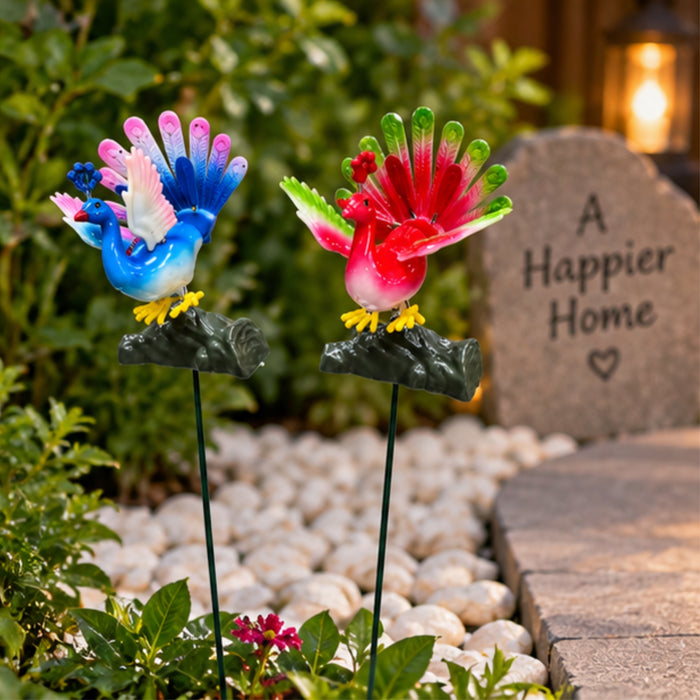 Peacock Garden Sticks (Set of 2) – Purple & Pink Spring-Mount Bird Stakes for Flower Pots & Garden Borders