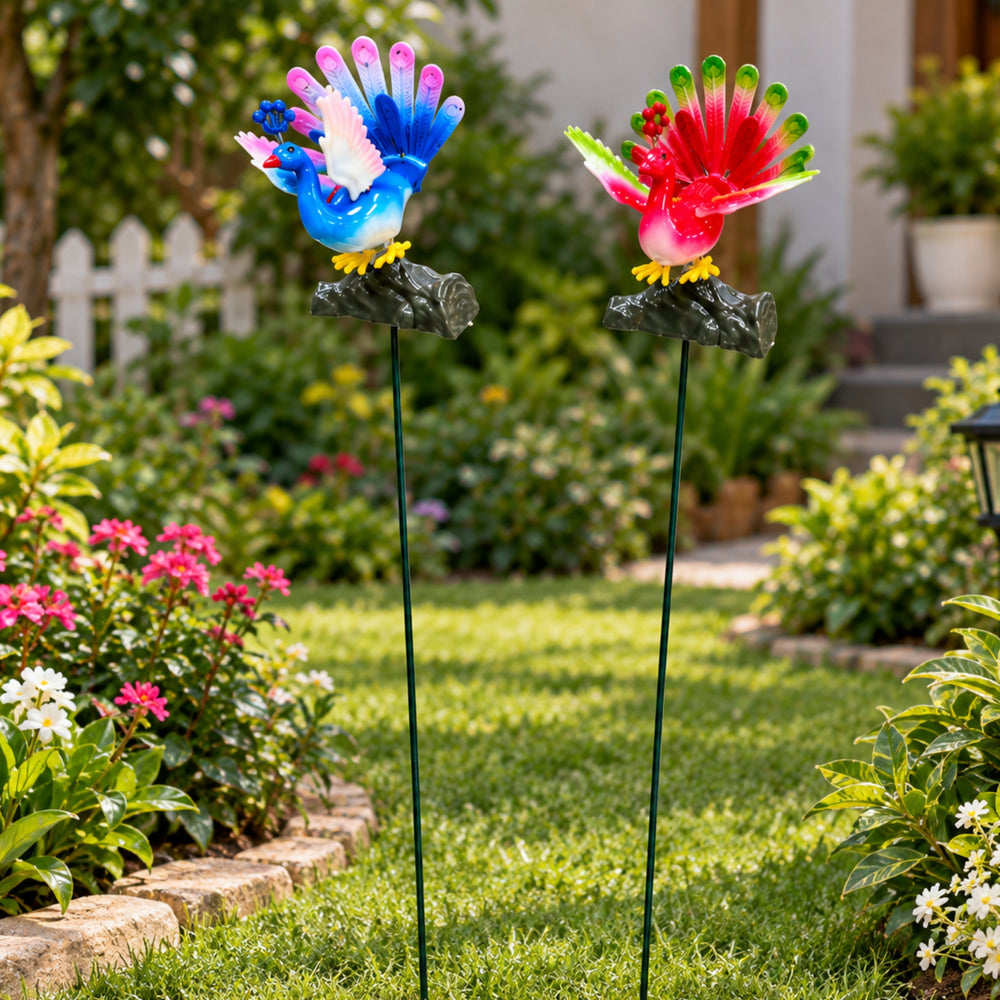 Peacock Garden Sticks (Set of 2) – Purple & Pink Spring-Mount Bird Stakes for Flower Pots & Garden Borders