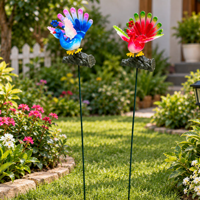 Peacock Garden Sticks (Set of 2) – Purple & Pink Spring-Mount Bird Stakes for Flower Pots & Garden Borders