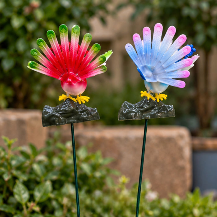 Peacock Garden Sticks (Set of 2) – Purple & Pink Spring-Mount Bird Stakes for Flower Pots & Garden Borders