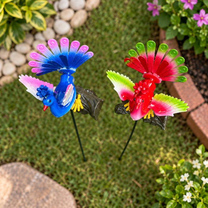 Peacock Garden Sticks (Set of 2) – Purple & Pink Spring-Mount Bird Stakes for Flower Pots & Garden Borders