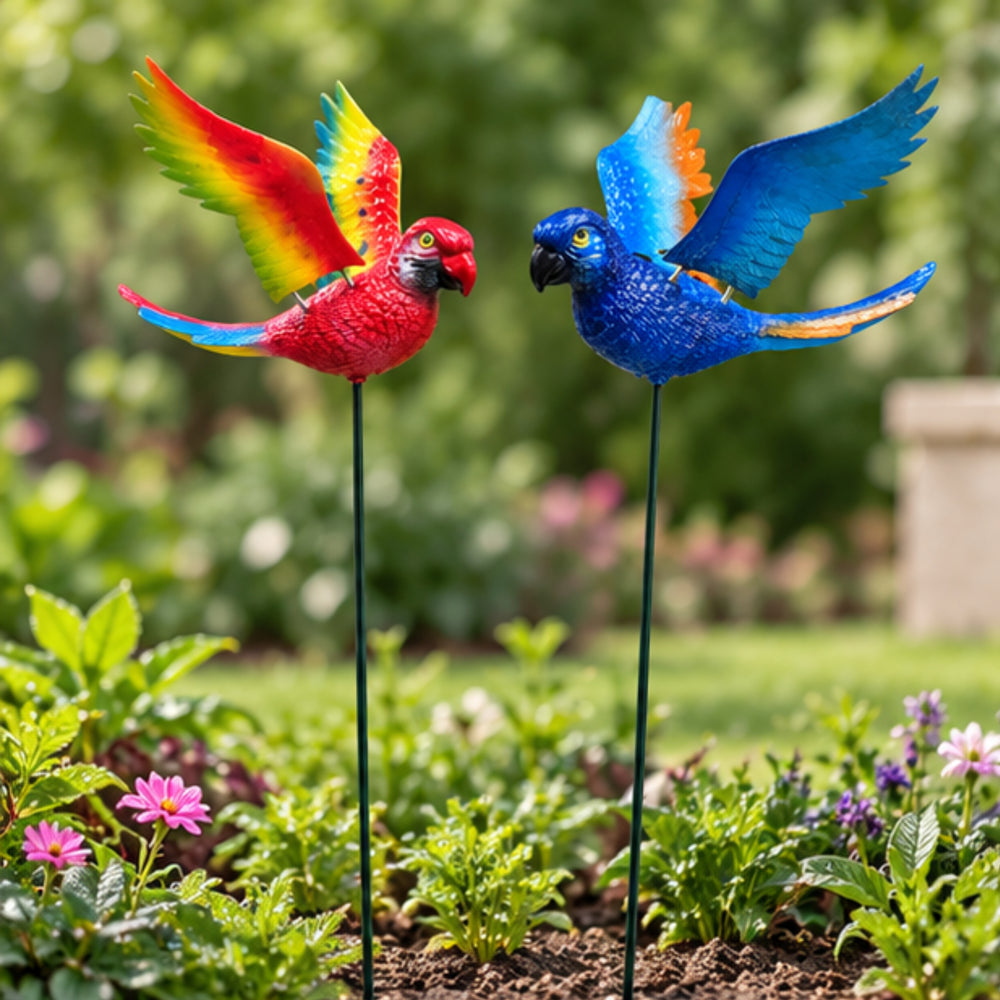 Flying Parrot Garden Stakes (Set of 2) – Blue & Red Tropical Bird Sticks with Metal Ground Stake for Lawn Borders & Patio Pots