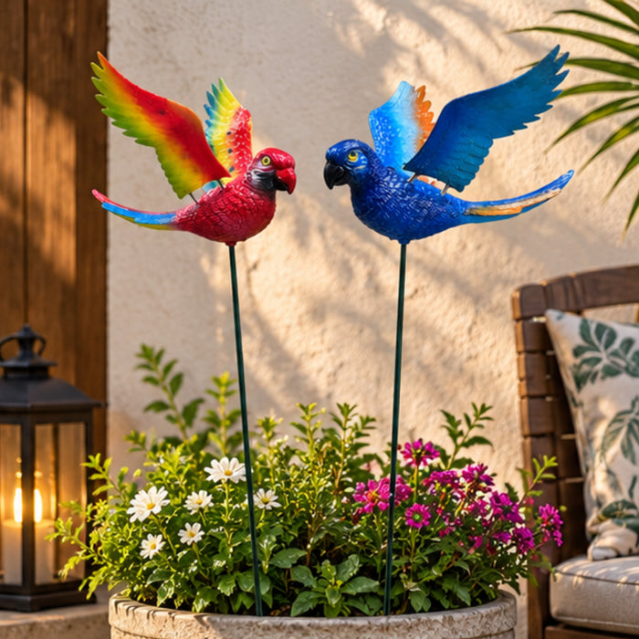 Flying Parrot Garden Stakes (Set of 2) – Blue & Red Tropical Bird Sticks with Metal Ground Stake for Lawn Borders & Patio Pots