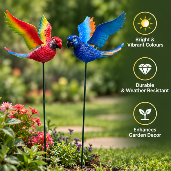 Flying Parrot Garden Stakes (Set of 2) – Blue & Red Tropical Bird Sticks with Metal Ground Stake for Lawn Borders & Patio Pots