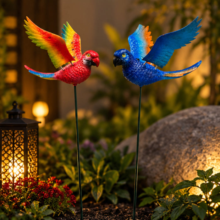 Flying Parrot Garden Stakes (Set of 2) – Blue & Red Tropical Bird Sticks with Metal Ground Stake for Lawn Borders & Patio Pots