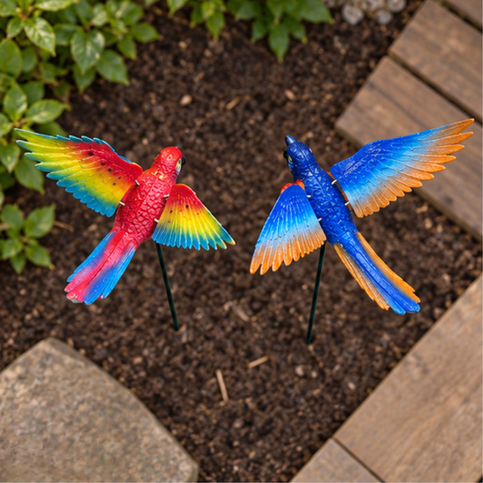 Flying Parrot Garden Stakes (Set of 2) – Blue & Red Tropical Bird Sticks with Metal Ground Stake for Lawn Borders & Patio Pots
