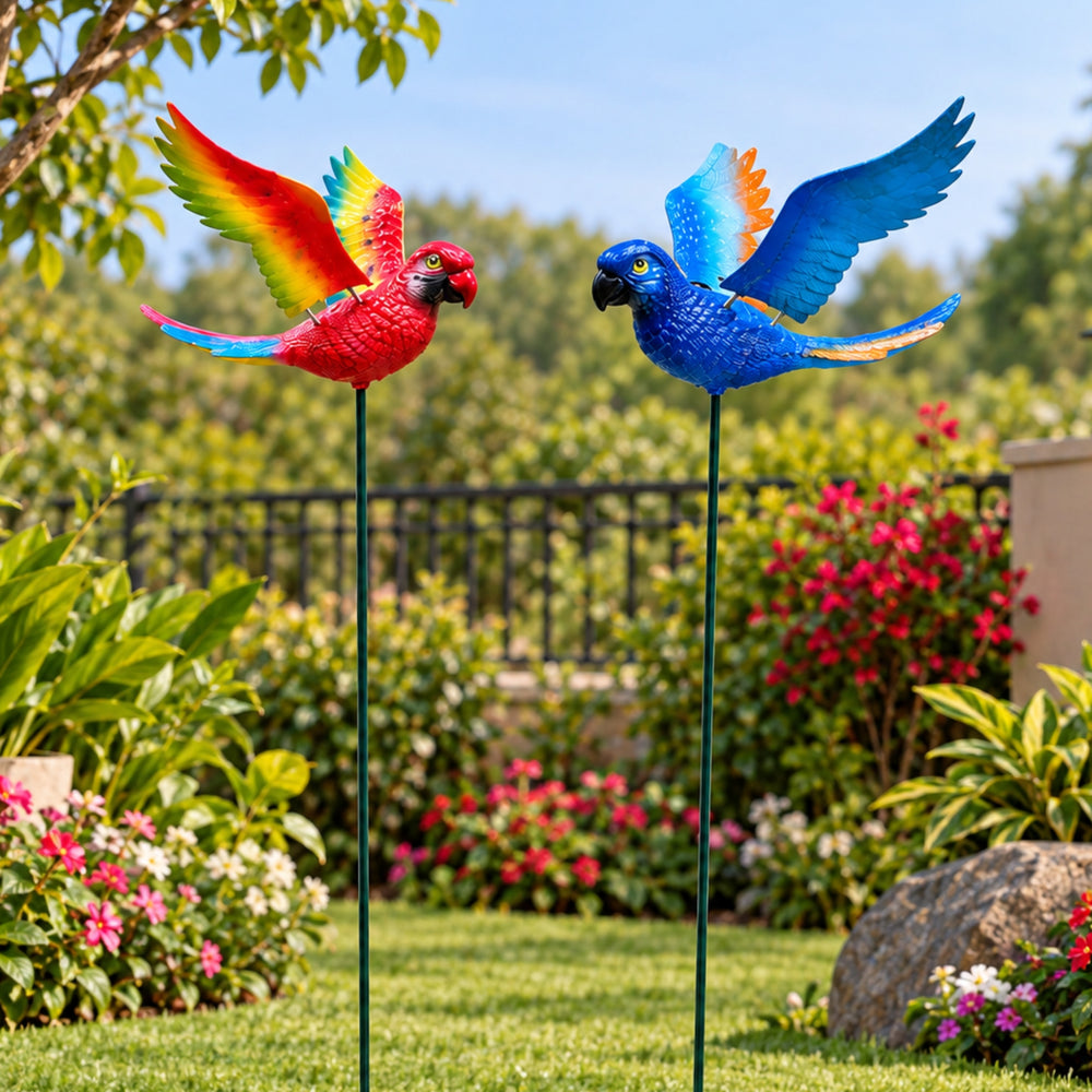 Flying Parrot Garden Stakes (Set of 2) – Blue & Red Tropical Bird Sticks with Metal Ground Stake for Lawn Borders & Patio Pots